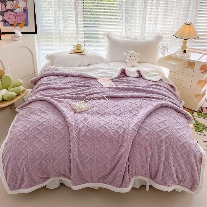 91家纺网 家纺一手货源 找家纺 安哆啦 2022新款塔芙绒提花剪花羊羔绒双面复合毛毯毯子 香芋紫