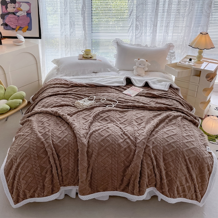 91家纺网 家纺一手货源 找家纺 安哆啦 2022新款塔芙绒提花剪花羊羔绒双面复合毛毯毯子 深邃咖