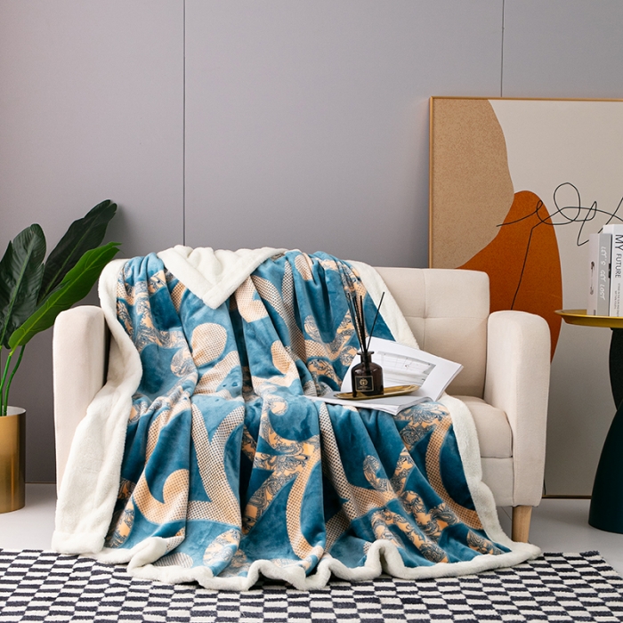 91家纺网 家纺一手货源 找家纺 来菲毛毯2025新款北极绒复合毯加收双层羊羔绒印花毯子布鲁斯