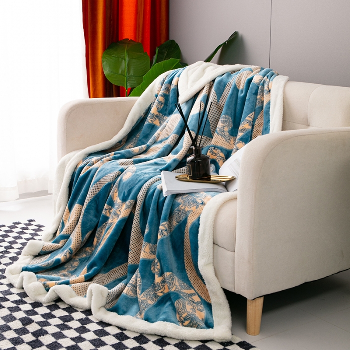 91家纺网 家纺一手货源 找家纺 来菲毛毯2025新款北极绒复合毯加收双层羊羔绒印花毯子布鲁斯