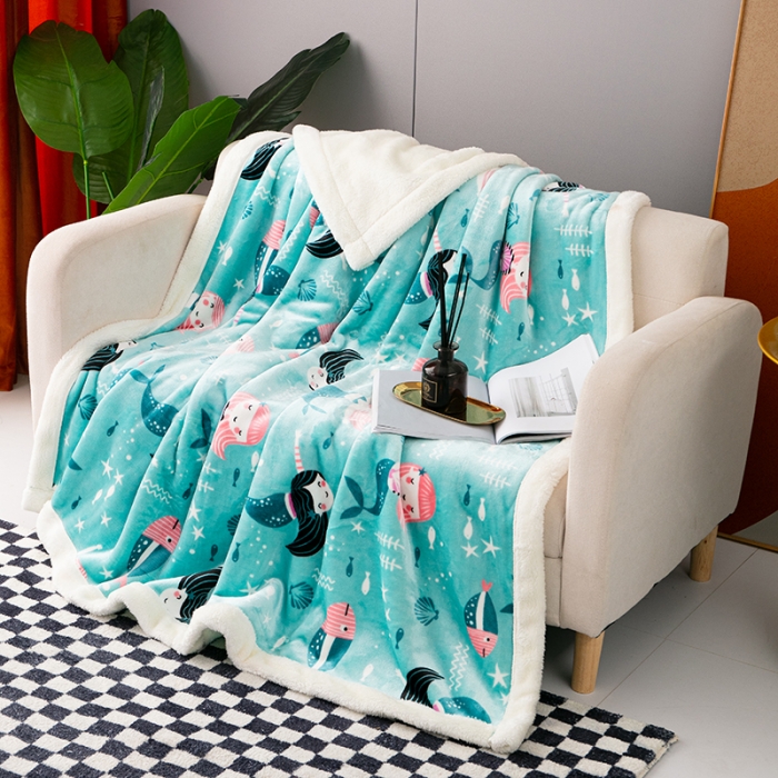 91家纺网 家纺一手货源 找家纺 来菲毛毯2025新款北极绒复合毯加收双层羊羔绒印花毯子美人鱼