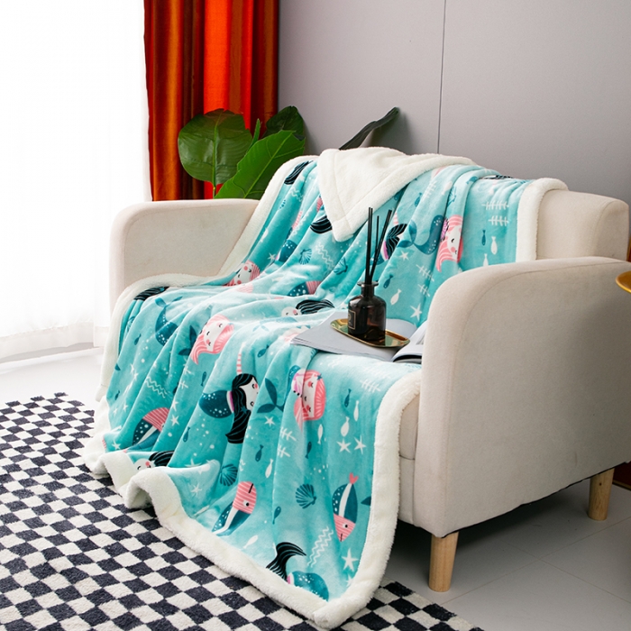 91家纺网 家纺一手货源 找家纺 来菲毛毯2025新款北极绒复合毯加收双层羊羔绒印花毯子美人鱼