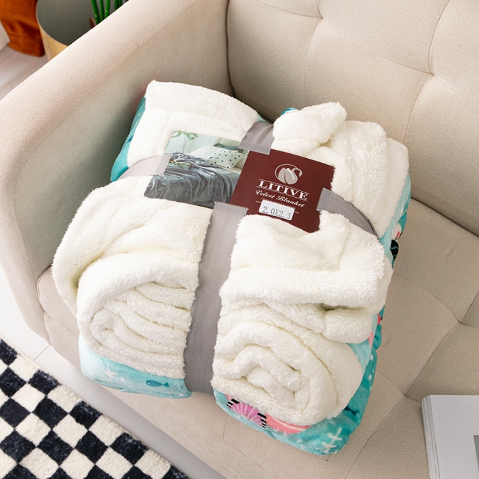 91家纺网 家纺一手货源 找家纺 来菲毛毯2025新款北极绒复合毯加收双层羊羔绒印花毯子美人鱼