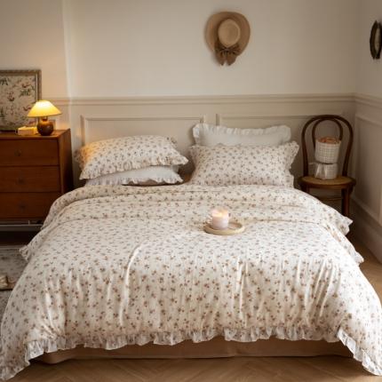 91家纺网 家纺一手货源 找家纺 淑女公社家纺2022新款纯棉双层纱花边款四件套 法兰西玫瑰