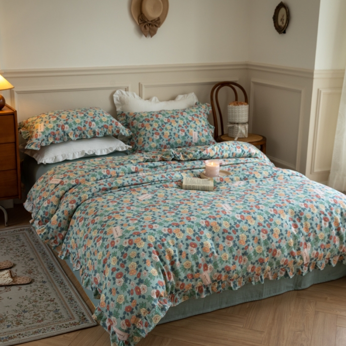 91家纺网 家纺一手货源 找家纺 淑女公社家纺2022新款纯棉双层纱花边款四件套 牵牛花