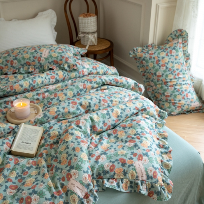 91家纺网 家纺一手货源 找家纺 淑女公社家纺2022新款纯棉双层纱花边款四件套 牵牛花