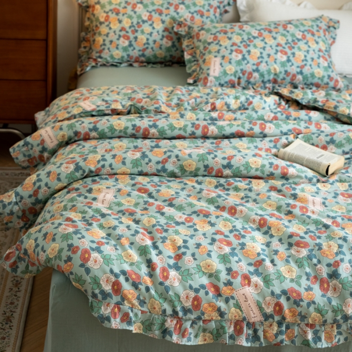 91家纺网 家纺一手货源 找家纺 淑女公社家纺2022新款纯棉双层纱花边款四件套 牵牛花