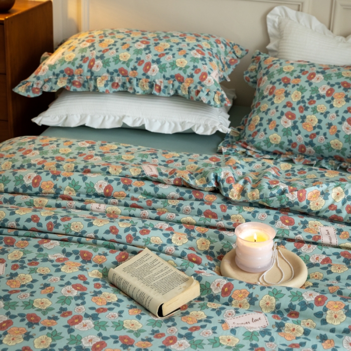 91家纺网 家纺一手货源 找家纺 淑女公社家纺2022新款纯棉双层纱花边款四件套 牵牛花