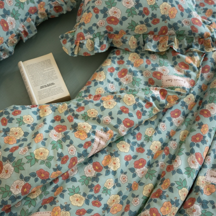 91家纺网 家纺一手货源 找家纺 淑女公社家纺2022新款纯棉双层纱花边款四件套 牵牛花