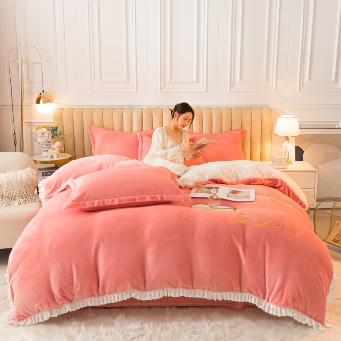 91家纺网 家纺一手货源 找家纺 （总）简爱家纺 2025年韩版花边法莱绒羊羔绒四件套-回忆