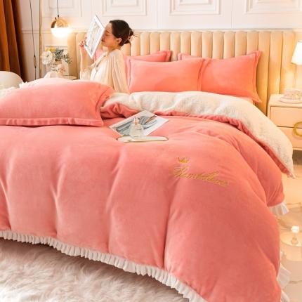 91家纺网 家纺一手货源 找家纺 简爱家纺 2025年韩版花边法莱绒羊羔绒四件套-回忆-玉色