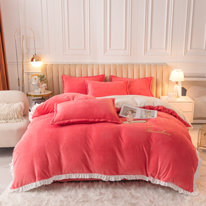 91家纺网 家纺一手货源 找家纺 简爱家纺 2025年韩版花边法莱绒羊羔绒四件套-回忆-夕阳红