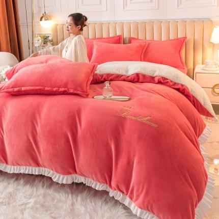 简爱家纺 2025年韩版花边法莱绒羊羔绒四件套-回忆-夕阳红
