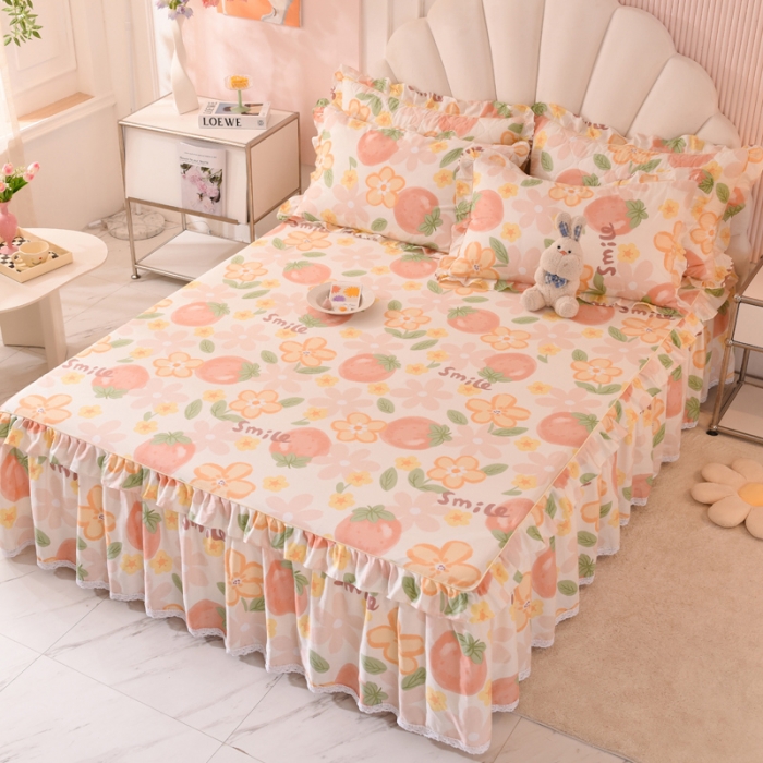 91家纺网 家纺一手货源 找家纺 美达 2025全棉蕾丝小花边单床裙 笑脸草莓