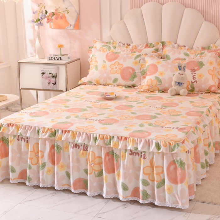 91家纺网 家纺一手货源 找家纺 美达 2025全棉蕾丝小花边单床裙 笑脸草莓