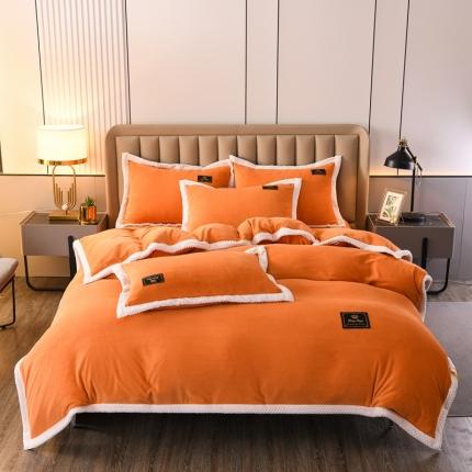 91家纺网 家纺一手货源 找家纺 澳洲羽2024新款防静电高克重纯色丝滑宽边牛奶绒四件套橙-咖