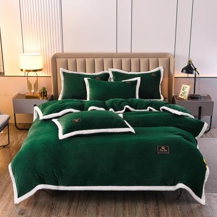 91家纺网 家纺一手货源 找家纺 澳洲羽2024新款防静电高克重纯色丝滑宽边牛奶绒四件套典雅绿