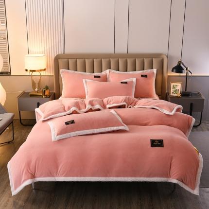 91家纺网 家纺一手货源 找家纺 澳洲羽2024新款防静电高克重纯色丝滑宽边牛奶绒四件套豆沙色