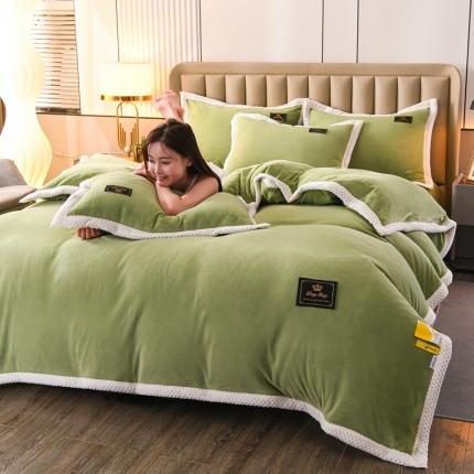 澳洲羽2024新款防静电高克重纯色丝滑宽边牛奶绒四件套果绿