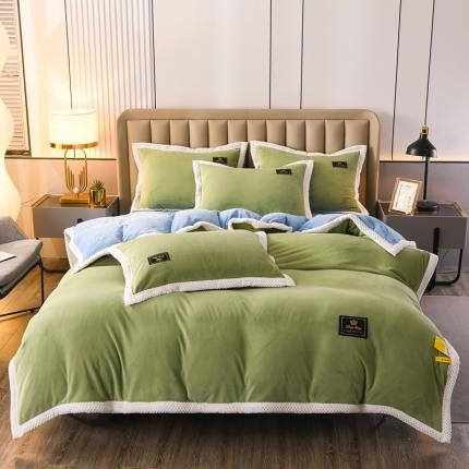 91家纺网 家纺一手货源 找家纺 澳洲羽2024新款防静电高克重纯色丝滑宽边牛奶绒四件套果绿蓝