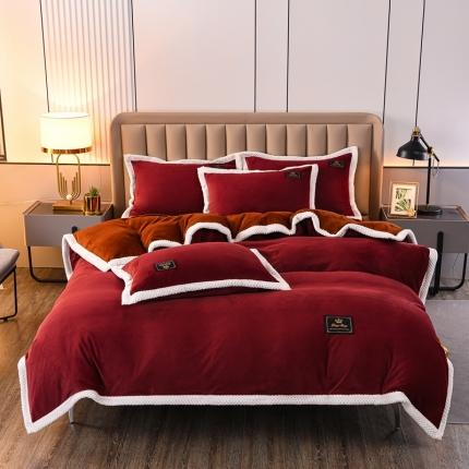 91家纺网 家纺一手货源 找家纺 澳洲羽2024新款防静电高克重纯色丝滑宽边牛奶绒四件套红-棕