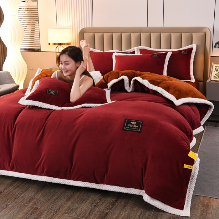 91家纺网 家纺一手货源 找家纺 澳洲羽2024新款防静电高克重纯色丝滑宽边牛奶绒四件套红-棕