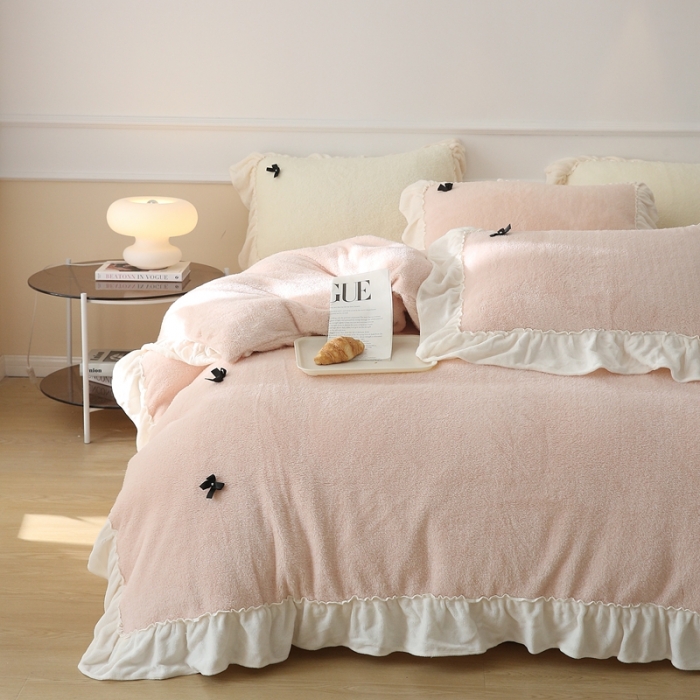 91家纺网 家纺一手货源 找家纺 玛奇朵  2022高克重进口泰迪绒三件套四件套-仙朵系列 仙朵-粉