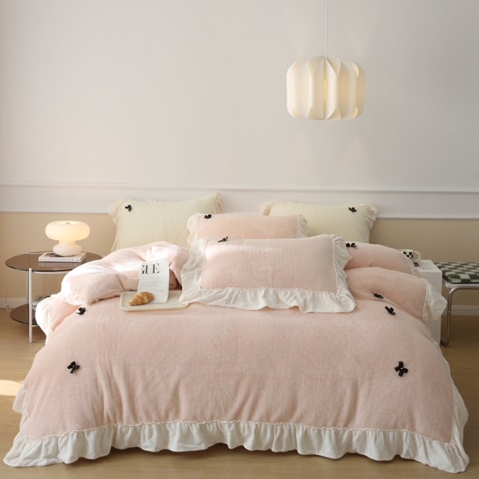 91家纺网 家纺一手货源 找家纺 玛奇朵  2022高克重进口泰迪绒三件套四件套-仙朵系列 仙朵-粉