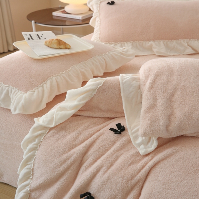 91家纺网 家纺一手货源 找家纺 玛奇朵  2022高克重进口泰迪绒三件套四件套-仙朵系列 仙朵-粉