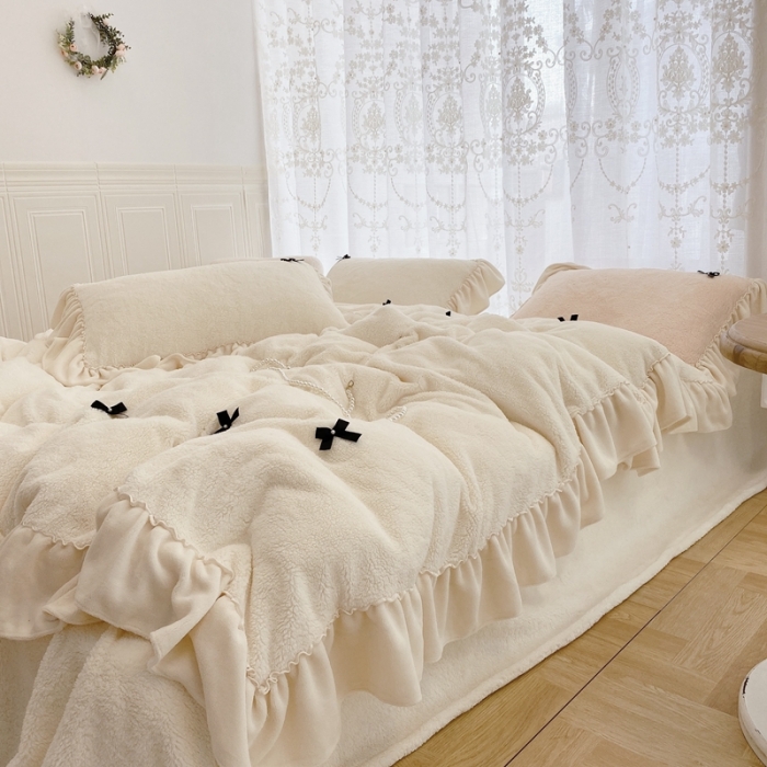 91家纺网 家纺一手货源 找家纺 玛奇朵  2022新款高克重进口泰迪绒三件套四件套-仙朵系列 仙朵-白