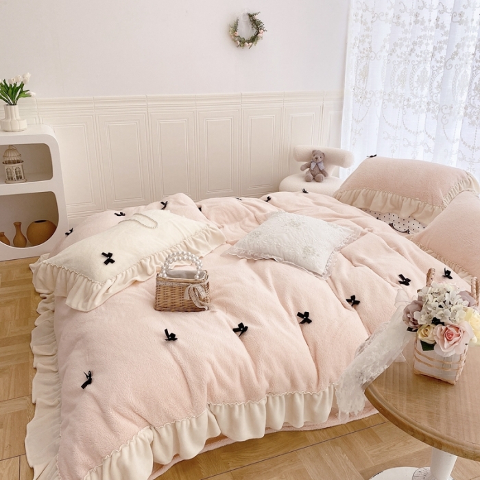 91家纺网 家纺一手货源 找家纺 玛奇朵  2022新款高克重进口泰迪绒三件套四件套-仙朵系列 仙朵-粉