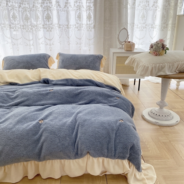 91家纺网 家纺一手货源 找家纺 玛奇朵 2022秋冬新款泰迪绒刺绣系列四件套 泰迪-蓝色