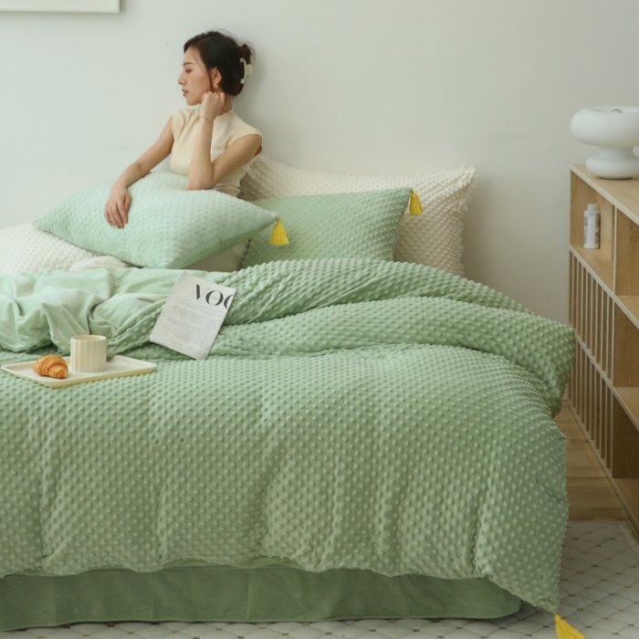 91家纺网 家纺一手货源 找家纺 玛奇朵 2022升级版A类豆豆绒流苏系列三件套四件套 豆豆绒-抹茶绿