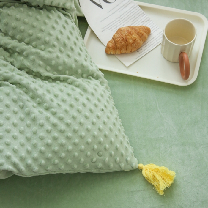 91家纺网 家纺一手货源 找家纺 玛奇朵 2022升级版A类豆豆绒流苏系列三件套四件套 豆豆绒-抹茶绿