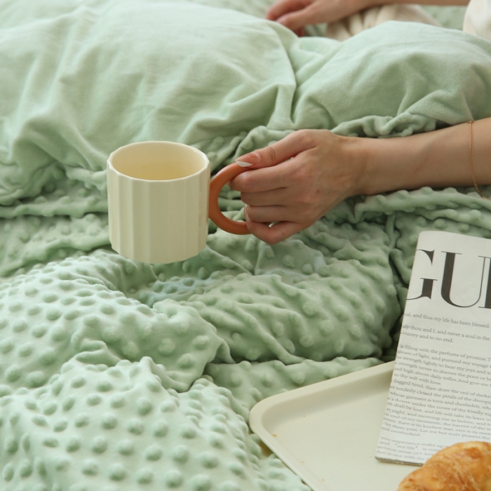 91家纺网 家纺一手货源 找家纺 玛奇朵 2022升级版A类豆豆绒流苏系列三件套四件套 豆豆绒-抹茶绿