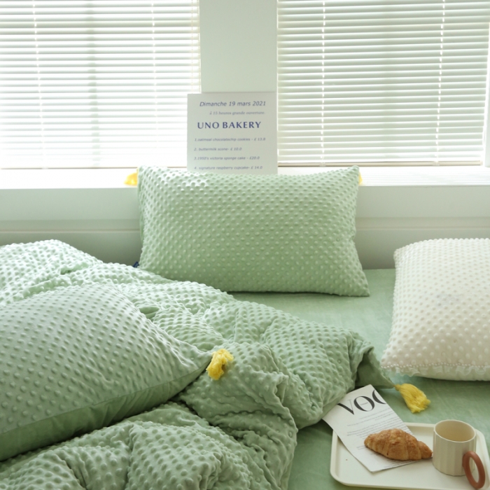 91家纺网 家纺一手货源 找家纺 玛奇朵 2022升级版A类豆豆绒流苏系列三件套四件套 豆豆绒-抹茶绿