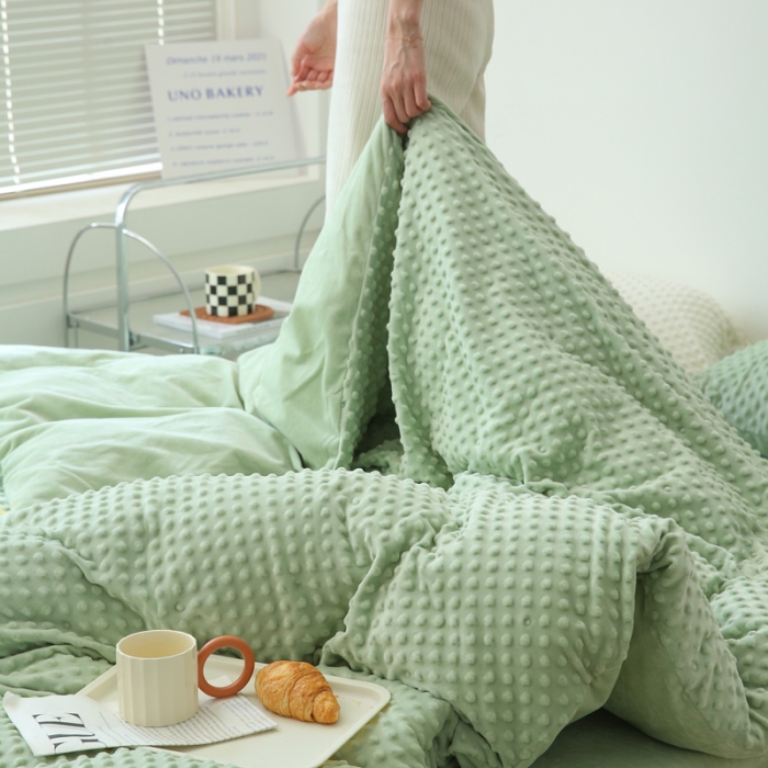 91家纺网 家纺一手货源 找家纺 玛奇朵 2022升级版A类豆豆绒流苏系列三件套四件套 豆豆绒-抹茶绿