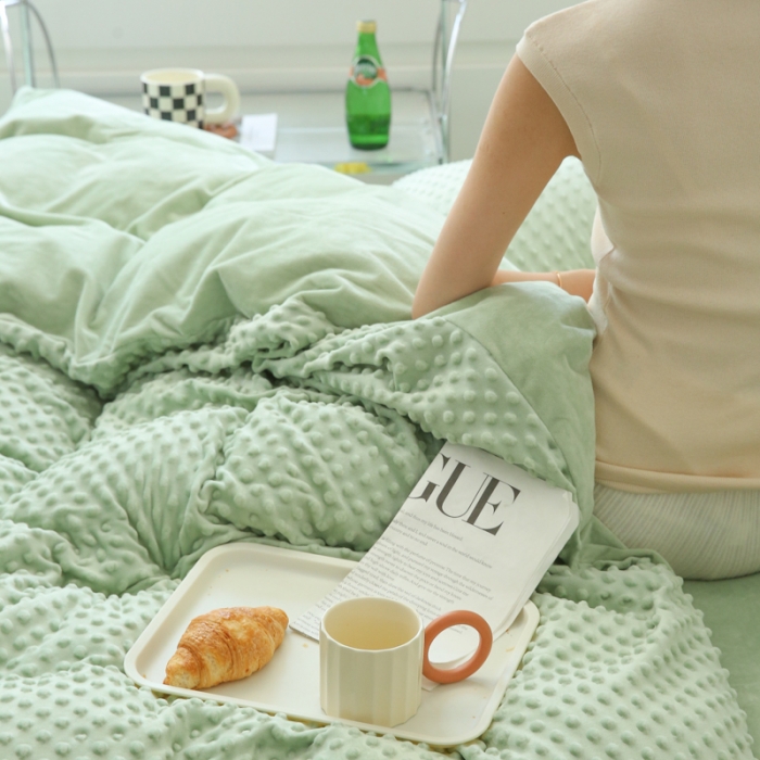 91家纺网 家纺一手货源 找家纺 玛奇朵 2022升级版A类豆豆绒流苏系列三件套四件套 豆豆绒-抹茶绿