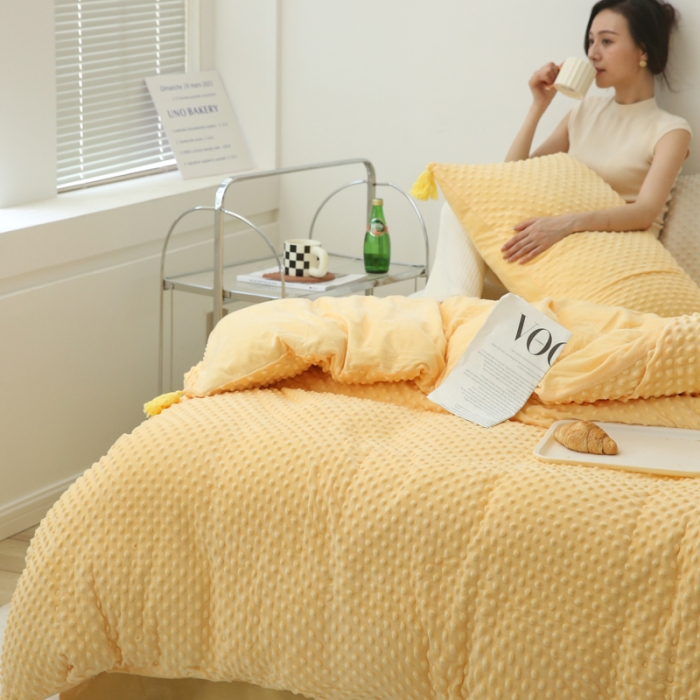 91家纺网 家纺一手货源 找家纺 玛奇朵 2022升级版A类豆豆绒流苏系列三件套四件套 豆豆绒-奶油黄