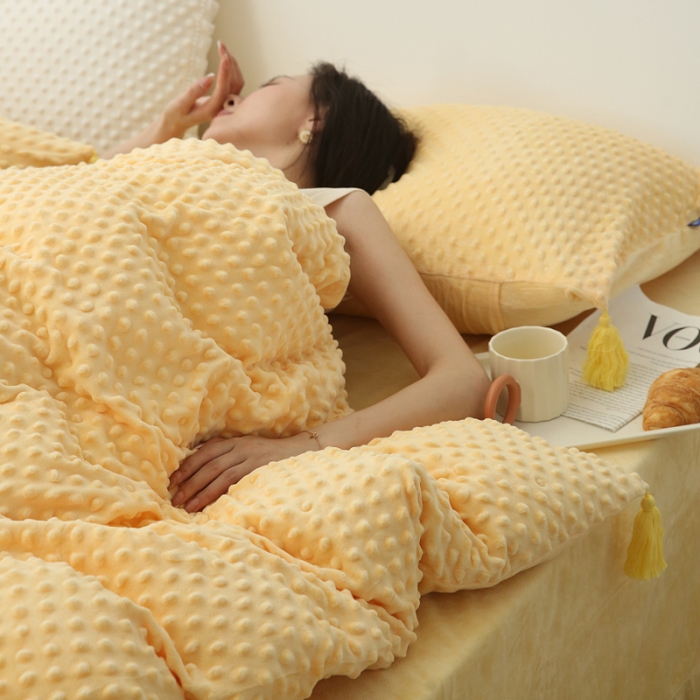 91家纺网 家纺一手货源 找家纺 玛奇朵 2022升级版A类豆豆绒流苏系列三件套四件套 豆豆绒-奶油黄