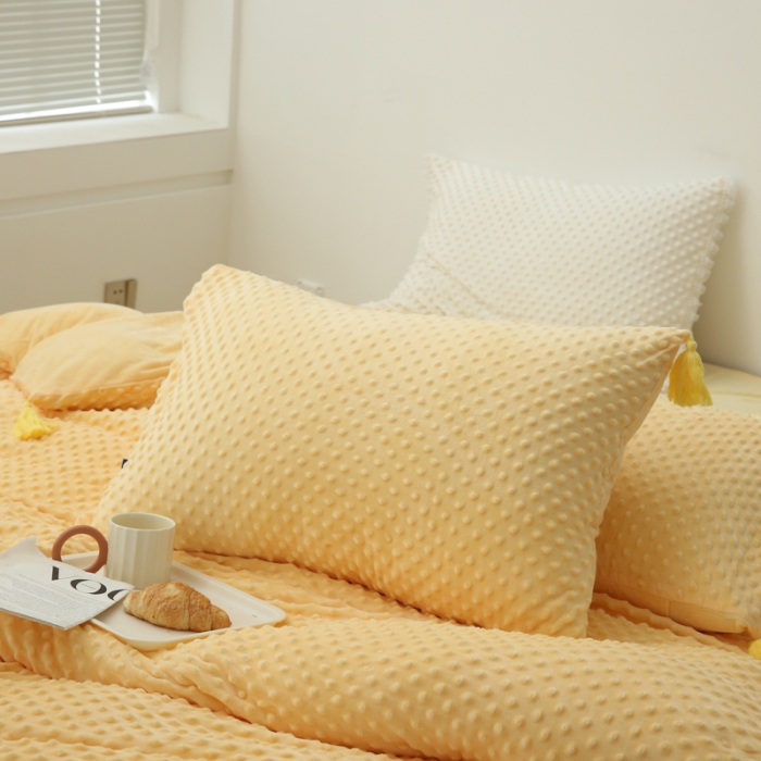 91家纺网 家纺一手货源 找家纺 玛奇朵 2022升级版A类豆豆绒流苏系列三件套四件套 豆豆绒-奶油黄