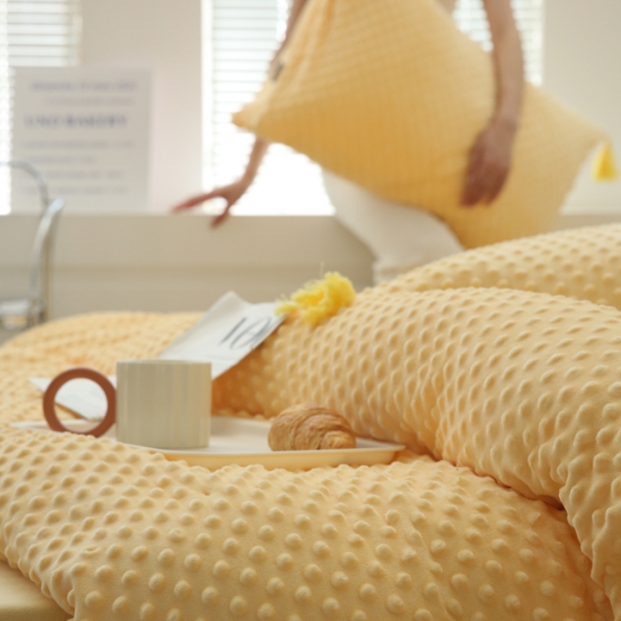 91家纺网 家纺一手货源 找家纺 玛奇朵 2022升级版A类豆豆绒流苏系列三件套四件套 豆豆绒-奶油黄