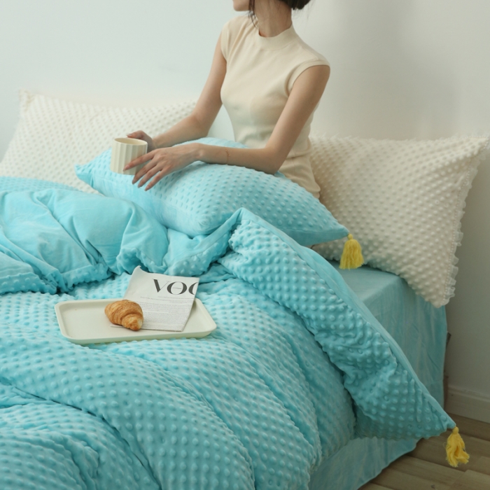 91家纺网 家纺一手货源 找家纺 玛奇朵 2022升级版A类豆豆绒流苏系列三件套四件套 豆豆绒-天真蓝