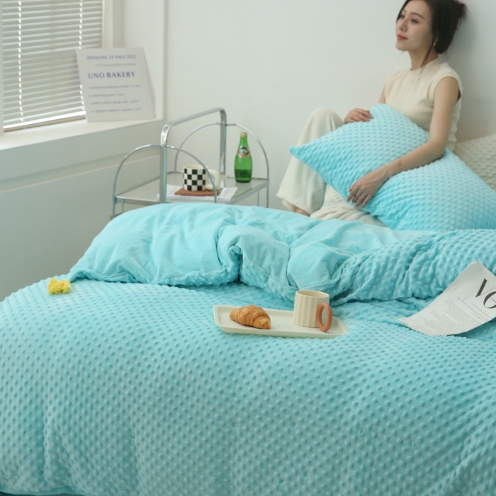 91家纺网 家纺一手货源 找家纺 玛奇朵 2022升级版A类豆豆绒流苏系列三件套四件套 豆豆绒-天真蓝