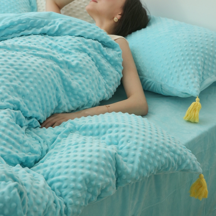 91家纺网 家纺一手货源 找家纺 玛奇朵 2022升级版A类豆豆绒流苏系列三件套四件套 豆豆绒-天真蓝