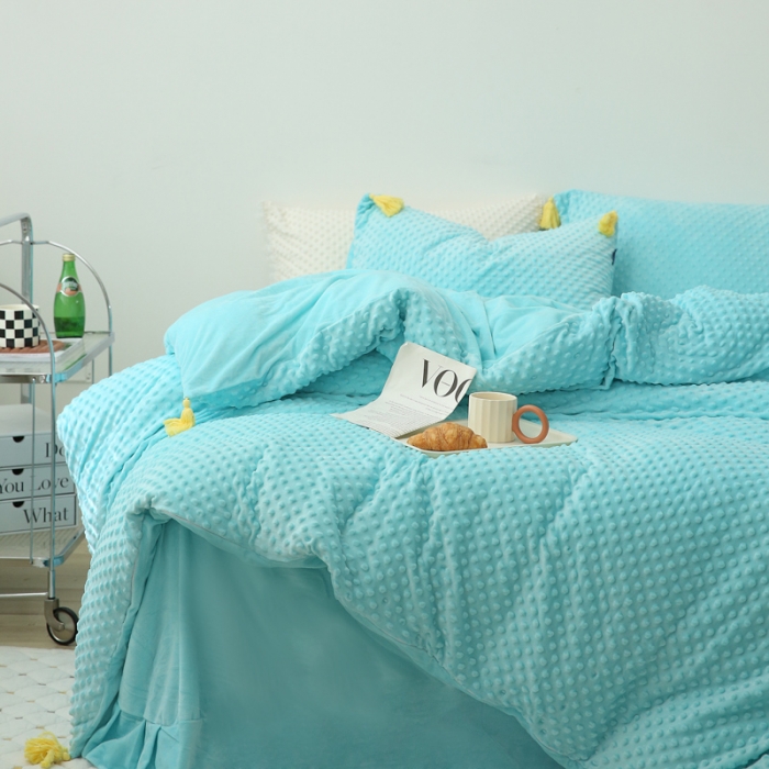 91家纺网 家纺一手货源 找家纺 玛奇朵 2022升级版A类豆豆绒流苏系列三件套四件套 豆豆绒-天真蓝