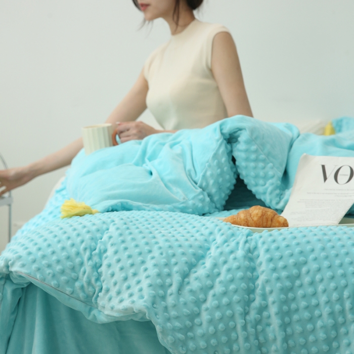 91家纺网 家纺一手货源 找家纺 玛奇朵 2022升级版A类豆豆绒流苏系列三件套四件套 豆豆绒-天真蓝