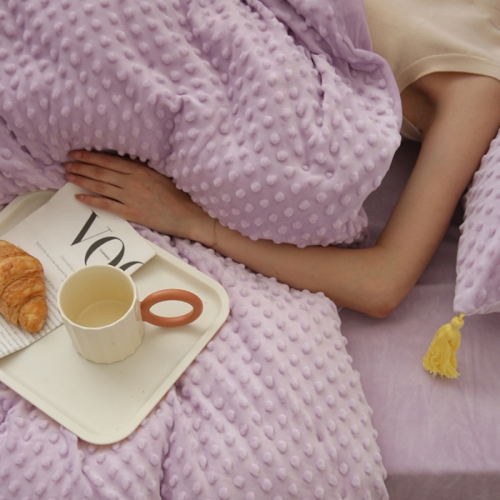 91家纺网 家纺一手货源 找家纺 玛奇朵 2022升级版A类豆豆绒流苏系列三件套四件套 豆豆绒-香芋紫