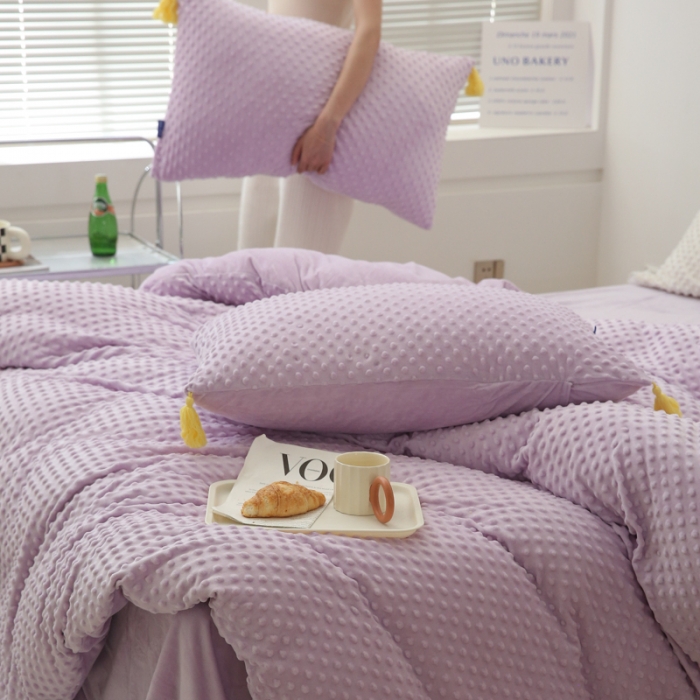 91家纺网 家纺一手货源 找家纺 玛奇朵 2022升级版A类豆豆绒流苏系列三件套四件套 豆豆绒-香芋紫