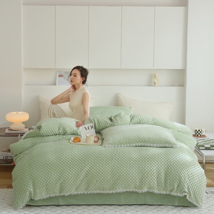 91家纺网 家纺一手货源 找家纺 玛奇朵 2022升级版A类豆豆绒梦露系列四件套 梦露-薄荷绿